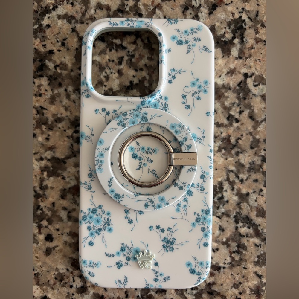White and Blue Floral Phone Case with Ring Holder